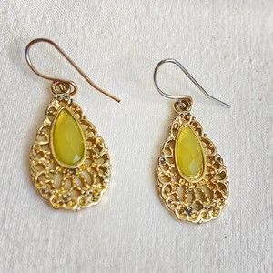 Teardrop Earrings Gold Tone Filagree Yellow Central Facetted Stone